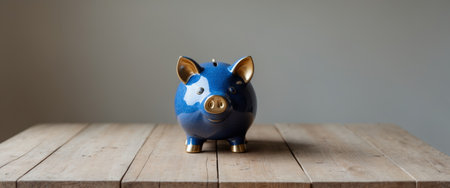 AI Generated. A Blue and Gold Piggy Bank on a Wooden Tableの素材