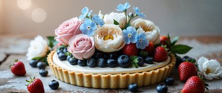 AI Generated. Delightful Tart with Fresh Flowers and Berriesの素材