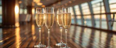 AI Generated. Elegant sparkling champagne glasses glimmering in sunset glow on a luxury cruise ship deckの素材