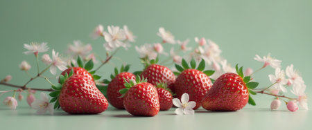 AI Generated. Fresh Red Strawberries Spring Blossoms Pastel Green Backgroundの素材