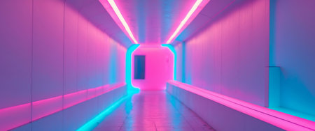 AI Generated. A passageway bathed in neon light featuring a blend of pink and blue huesの素材