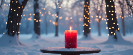 AI Generated. Glowing red candle in snowy winter wonderland with sparkling lightsの素材