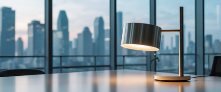 AI Generated. Modern Workspace with Desk Lamp and Cityscape View Through Glass Windowsの素材