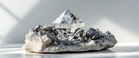 AI Generated. Raw diamond crystal nestled within a rugged stone matrixの素材