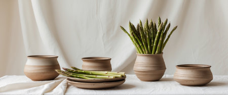 AI Generated. Rustic Spring Dining with Handcrafted Ceramics and Fresh Asparagusの素材