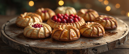 AI Generated. Rustic Holiday Pastries on Wooden Platter with Warm Lightingの素材