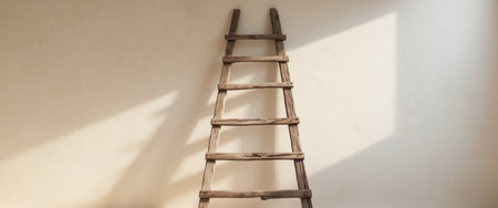 AI Generated. Rustic wooden ladder with weathered texture under soft natural daylightの素材