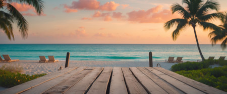 AI Generated. Serene Beachfront View with Wooden Deck Overlooking Ocean at Sunriseの素材