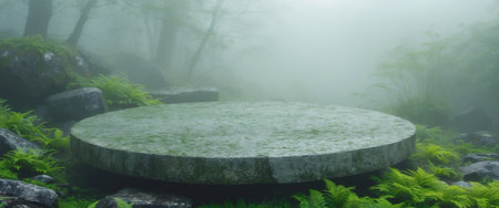 AI Generated. Serene Misty Landscape with Circular Stone Platform Surrounded by Lush Greenery and Rocksの素材