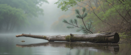 AI Generated. Serene nature scene with a log and pine branch by the waterの素材