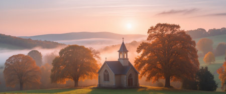 AI Generated. Serene Sunrise at Christian Chapel Surrounded by Autumn Mist in Countryside Landscapeの素材