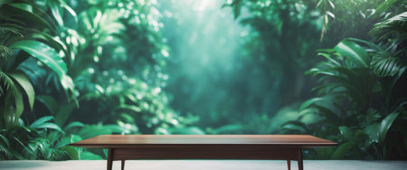 AI Generated. Serene Empty Wooden Table with Lush Tropical Jungle Background Ideal for Nature Inspired Designs or Product Showcasesの素材
