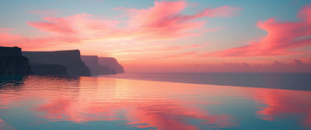 AI Generated. Serene sunset over infinity pool with vibrant pink and orange sky silhouetting cliffs and calm sea creating a tranquil escape atmosphereの素材