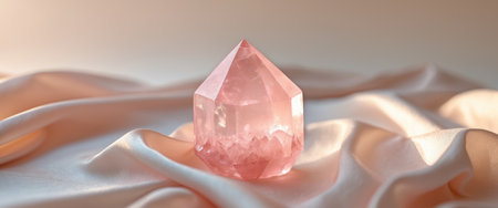 AI Generated. Serene natural pink crystal on soft fabric with warm sunlight backdropの素材