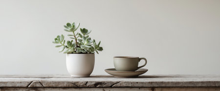 AI Generated. Serene still life with succulent and tea cup on wooden tableの素材