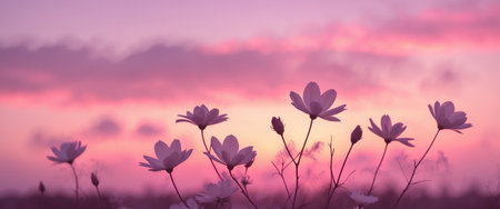 AI Generated. Silhouetted Flowers Sunset Landscape Peaceful Pink Sky Backgroundの素材