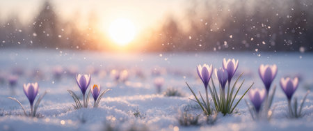 AI Generated. Serene Sunrise and Blooming Crocuses in Snowの素材