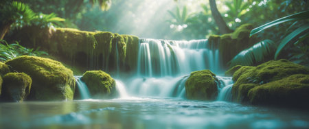 AI Generated. Serene Waterfall in Lush Tropical Paradiseの素材