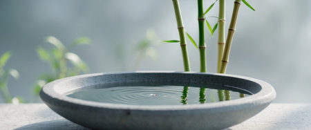 AI Generated. Serene stone bowl with water and bamboo in a tranquil settingの素材