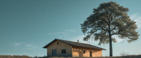 AI Generated. Serenity of a simple house and tree under a clear sky in a tranquil landscapeの素材
