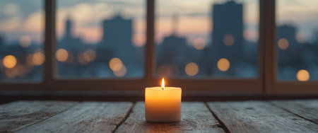 AI Generated. single lit candle glowing softly on rustic wooden table with blurred cityscape visible through windowの素材