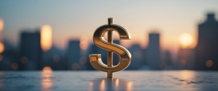 AI Generated. Shiny Gold Dollar Sign on Urban Background at Duskの素材