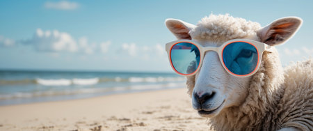 AI Generated. Sheep wearing sunglasses relaxing on a sandy beachの素材