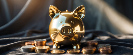 AI Generated. Shiny golden piggy bank surrounded by stacks of coins on a dark backgroundの素材