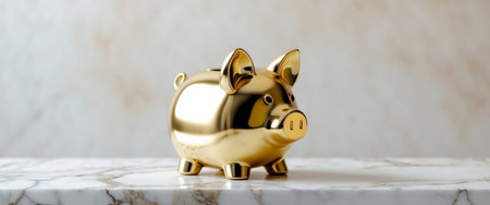 AI Generated. Shiny Golden Piggy Bank on Marble Surface with Blurred Backgroundの素材