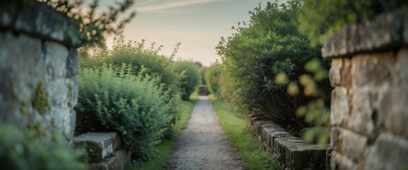 AI Generated. Tranquil Garden Path with Lush Greenery and Stone Wallsの素材