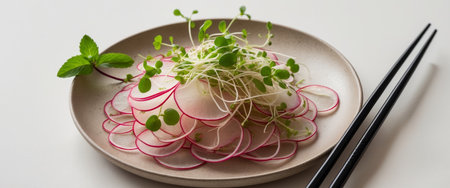 AI Generated. Traditional Pickled Radish Dish Neatly Arranged with Fresh Herbs and Chopsticksの素材