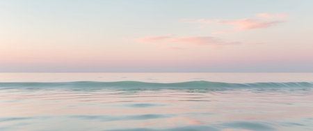 AI Generated. Tranquil ocean horizon meets pastel sunset sky in peaceful seascape with gentle waves creating serene coastal reflection view with soft colorsの素材