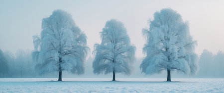 AI Generated. Serene Winter Landscape Four Frost Covered Trees in a Fieldの素材