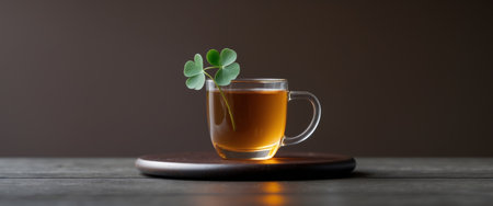 AI Generated. Cozy Glass of Herbal Tea with Clover Leaf on Dark Table Backgroundの素材