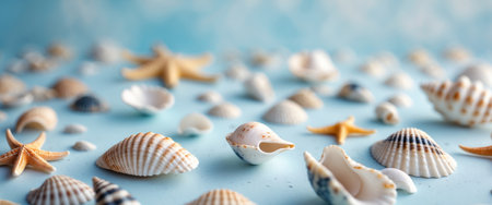 AI Generated. Assorted sea shells and starfish scattered on a light blue surfaceの素材