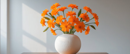 AI Generated. Bright Orange and White Flower Bouquet in Textured Vase on Table for Home Decorの素材