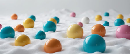 AI Generated. Bright spheres of different colors and sizes are scattered across a white surfaceの素材