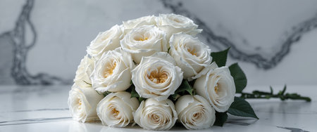 AI Generated. Bouquet of White Roses on Marble Backgroundの素材