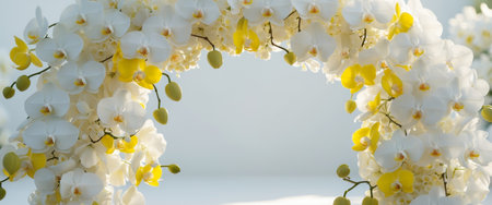 AI Generated. Floral archway adorned with white orchids and vibrant yellow flowers creating a picturesque outdoor settingの素材