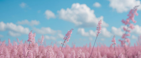 AI Generated. A field of pink flowers with a blue sky in the backgroundの素材