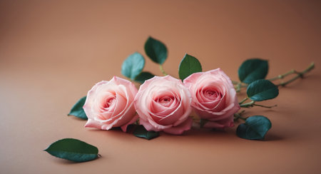 AI Generated. Three pink roses on a brown surface with green leavesの素材