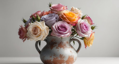 AI Generated. An exquisite display of multicolored roses in a charming rustic vaseの素材