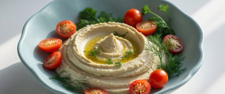 AI Generated. Creamy hummus with cherry tomatoes and herbs in a blue bowlの素材