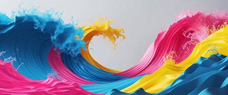 AI Generated. Creative graphic layouts for promotional flyers showcasing vibrant abstract waves in dynamic colorsの素材