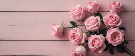 AI Generated. Pink roses arranged on a light pink wooden background creating a serene and elegant floral backdrop for various design projectsの素材