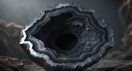 AI Generated. Textured Geode Surface in Dark Gray and Black with Organic Edges and Empty Center for Creative Copy Space in Abstract Natural Backgroundの素材