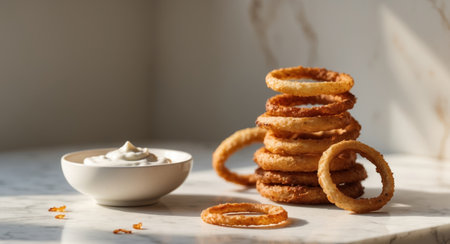 AI Generated. Crispy Fried Onion Rings with Creamy Dipの素材
