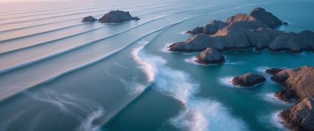 AI Generated. Aerial Twilight View of Ocean Waves and Rocky Islandsの素材