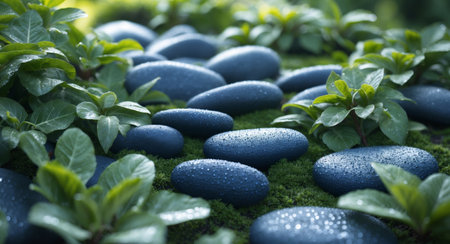 AI Generated. Dark blue stones and fresh green leaves create a striking natural contrast in a garden settingの素材