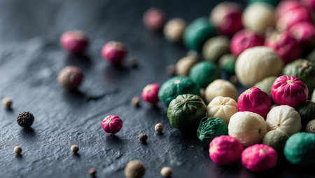 AI Generated. Close up view of peppercorns with different colors arranged on a dark slate surfaceの素材